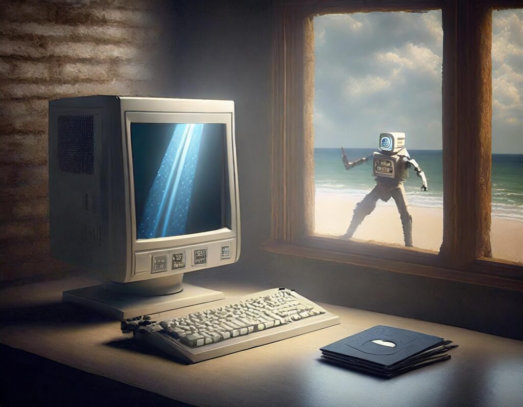 Imagem gerada por inteligência artificial que representa um computador dos anos 90 sobre uma mesa ao lado de uma janela. Junto ao computador está um teclado e disquetes (floppy disks). Pela janela se vê uma praia e um robô que acena para dentro do ambiente, como se estivesse livre e aproveitando seu momento de lazer na praia.