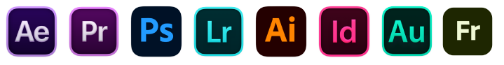 Ícones dos softwares de Comunicação, Vídeo e Design do Pacote Adobe: After Effects, Premiere, Photoshop, Illustrator, InDesign, Audition, Fresco.