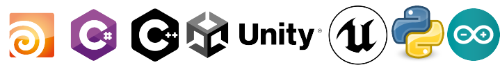 Ícones de Softwares de modelagem 3D, game engenies, tecnologias de embarcados e linguagens de programação: Houdini, C#, C++, Unity 3D, Unreal Engine, Python, arduino.