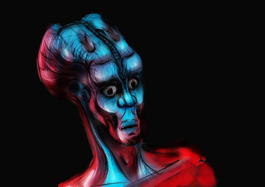 Retrato de criatura em vermelho e azul sobre fundo preto