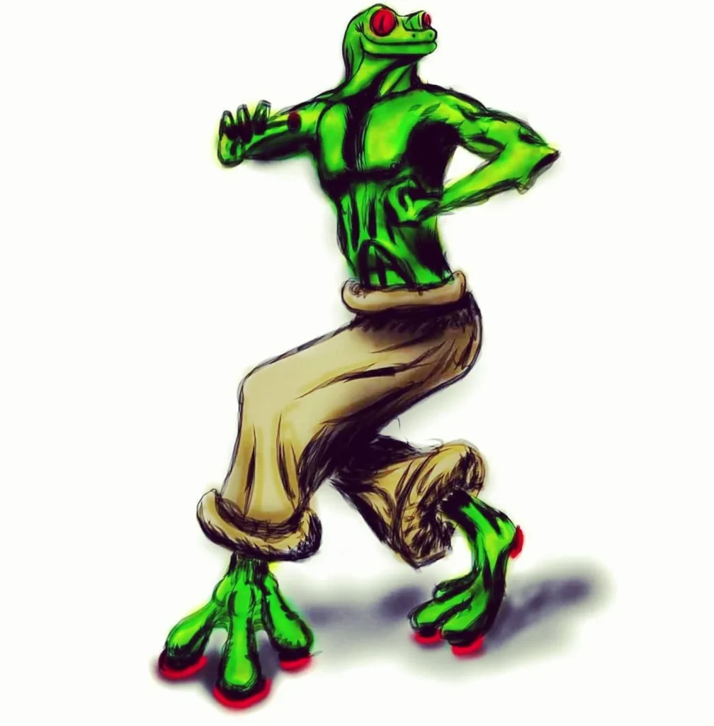 Figura verde em movimento, com pano amarelo envolvendo o corpo