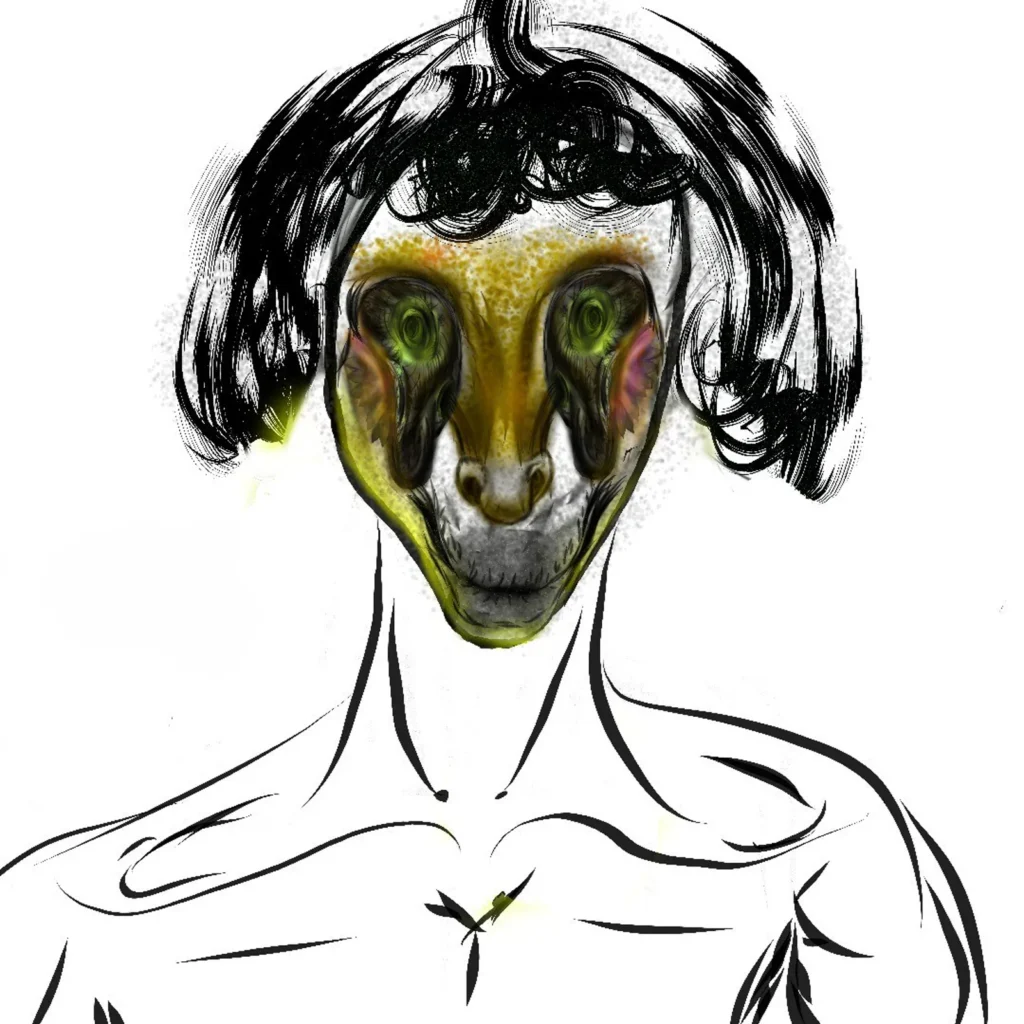 Personagem de cabelo preto e olhos verdes, rosto em tons esverdeados